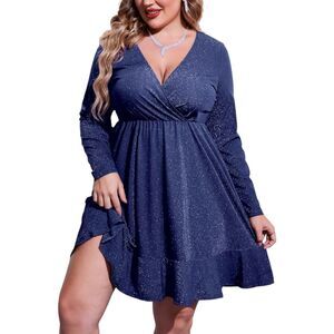 NWOT In Voland Evening Glitter Dress Blue Faux Wrap Plus Size 16W